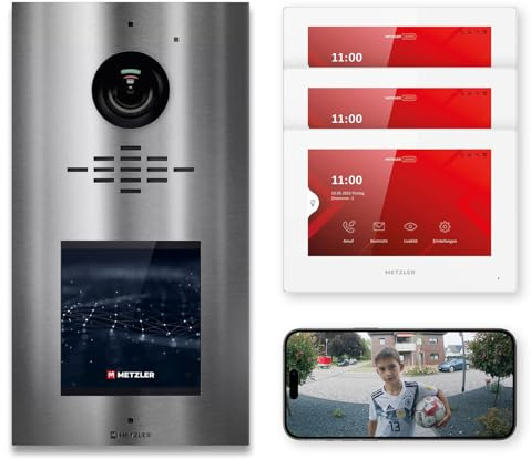 Metzler visiophone complet pour 1 à 500 logements - LAN/POE - interphone avec écran tactile IPS et 3 moniteurs intérieurs en kit, application smartphone, en acier inoxydable V2A | VDM10 2.0 Horizon
