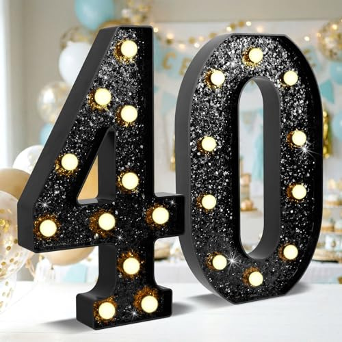 NANXU 12.6 Inch Black Marquee Light Up Numbers 40 for Party Decorations | Glitter Birthday Number Decorations for Girls Boys Women Men, Lighted Marquee Numbers for Black Anniversary Table Decor