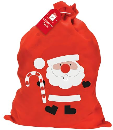 Large Santa Christmas Sack – 60cm x 48.5cm Soft Fabric Gift Bag with Drawstring Closure – Reusable Present Sack for Kids & Grandkids – Festive Santa Design Christmas Gifts Storage Bag