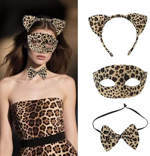 Zidoley Accessoires Deguisement Léopard Femme - Serre Tete Leopard Oreille, Mignon Cravates, Masque Animaux - Jungle Costume Carnaval Halloween Noël Deguisement Adulte pour Cosplay