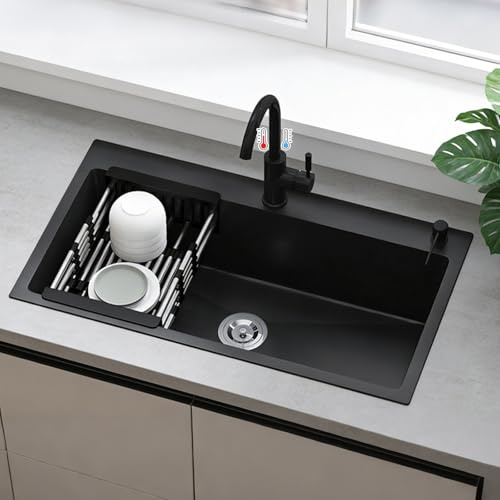 Fregadero Cocina 1 Seno Negro 68 x 45cm,Fregadero Cocina en Acero Inoxidable, Fregadero bajo Encimera o Sobre Encimera, con grifo, dispensador de jabón