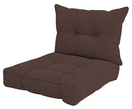POKAR Stuhlkissen 2er Set 1x Sitzkissen 60x60x10 cm + 1x Rückenlehne 60x40x10 cm | Loungekissen aus Cord | Auflagen für Gartenstuhl und Rattanmöbel | Öko Tex Zertifiziert | Made In EU | Braun