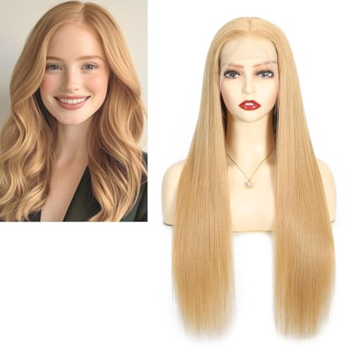 Larafona Echthaar Perücken Full Lace Wig Damen, Beeline Honey Blonde 28# Lang Glatt Haar 100% Remy Pre-plucked, Haarlänge 22inch/55cm