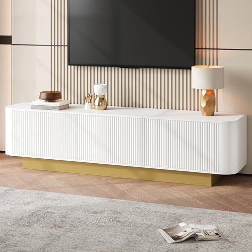 ECLIVON Mueble TV 170 cm con Frente Texturizado para Salón, Soporte de TV de hasta 75 Pulgadas con 3 Puertas y Estantes, Armario Bajo con Espacio de Almacenamiento para Dormitorio Comedor (Blanco)