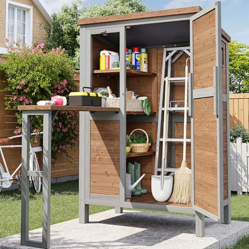 Gartenschrank Massivholz wetterfest Grau mit Arbeitsplatte & 2 Schubladen, Outdoor-Geräteschrank für Garten Terrasse Balkon, mit höhenverstellbaren Regalböden