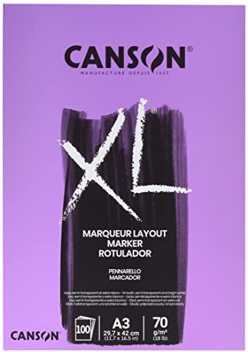 CANSON XL Marker, halbtransparentes, sehr glattes Zeichenpapier, 70 g/m², an der kurzen Seite geleimter Block, DIN A3, 29,7 x 42 cm, Extraweiß, 100 Blatt