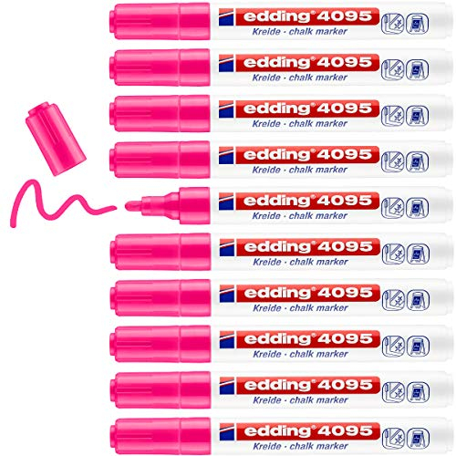edding 4095 Marqueur craie liquide - rose fluorescent - 10 feutres craie liquide - 2-3 mm - feutre craie effacable pour écrire sur les vitres,le verre - feutre craie ardoise aux couleurs opaques