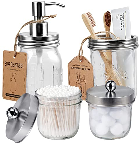 Amolliar Mason Jar Bathroom Accessories Set(4 Pack) - Lotion Soap Dispenser&Qtip Holder Set&Toothbrush Holder-Rustic Farmhouse Decor Apothecary Jar Bathroom Countertop,Vanity Organize (Brushed Nickel)