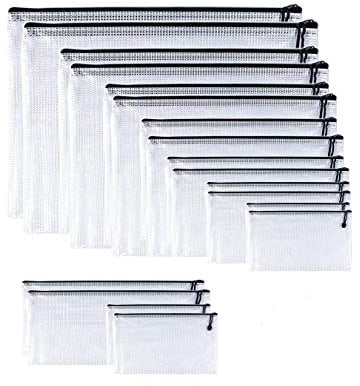 Oaimyy Kunststoff-Tasche mit Reißverschluss, für Stifte, Dokumente, Ordner, Taschen, transparentes Netzgewebe, wetterfest, Schutz, 9 Größen, 18 Stück schwarz