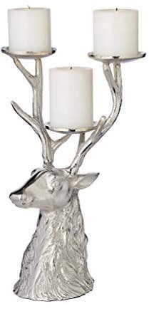 EDZARD Kerzenleuchter Hirsch (H 32,5 cm) Aluminium vernickelt silberfarben, für 3 Stumpenkerzen ø 6 cm - Kerzenhalter, Kerzenständer, Winter Deko, Jagd Deko