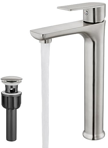 Cinwiny Gebürsteter Nickel Wasserfall Badezimmer Wasserhahn Hoher Auslauf Edelstahl Wasserhahn Einloch Einhandgriff Waschbecken Wasserhahn mit Pop-Up-Spülbeckenablauf