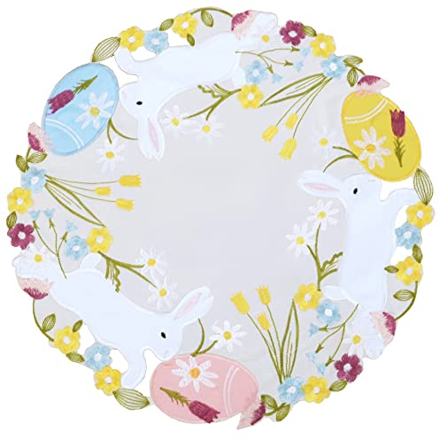 Simhomsen Tovagliette rotonde ricamate con uova e coniglietto per Pasqua o primavera (rotondo 38,1 cm)