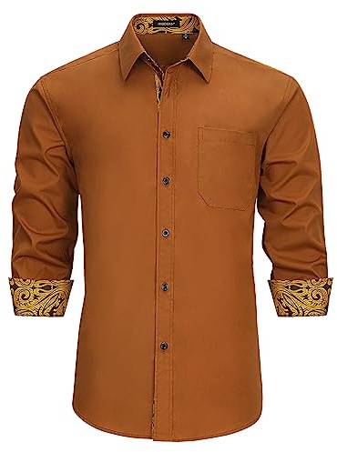 HISDERN Mens Shirts Gold Brown Long Sleeve Shirt for Men Formal Button Shirts Causal Regular Fit Dress Shirt S