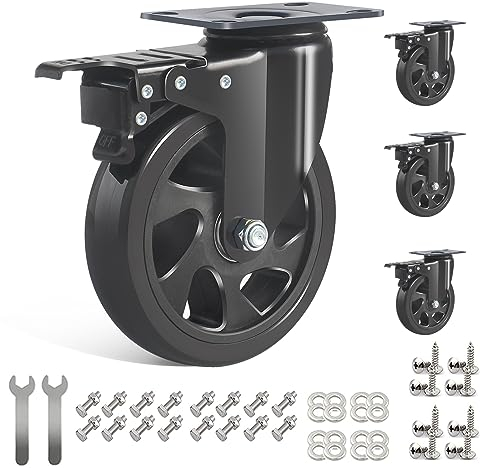 IQWTU Heavy Duty Castors 125 mm with Brake, Pack of 4 Swivel Castors for Furniture Castors Including Mounting Accessories, Transport Castors 360° Rotation up to 800 kg, Industrial Castors with Plate
