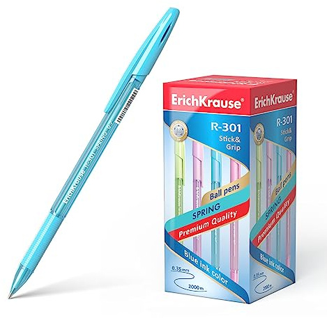 Erich Krause Kugelschreiber 0,35mm 50er Pack Blau - einfaches und weiches Schreiben - schlanke Form & transparent - Kullis & Schreibtischzubehör - mit Gummigriff - R-301 Spring