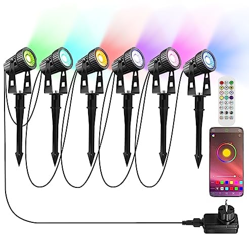 6 focos LED de jardín RGBW con temporizador Bluetooth APP, luz LED de jardín RGB+blanco cálido COB LED de iluminación de jardín con clavija de tierra IP65 impermeable 12V 20W para jardín exterior