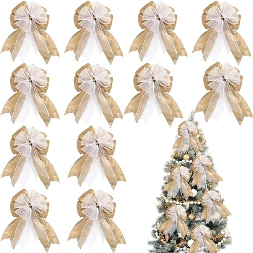 Cindeer 12 Stück Weihnachtsbaum Deko Schleifen 16 x 24 cm Weihnachtsschleifen mit Muster für Weihnachten Zuhause Adventskranz Girlande Christbaum Baumschmuck (Champagner)