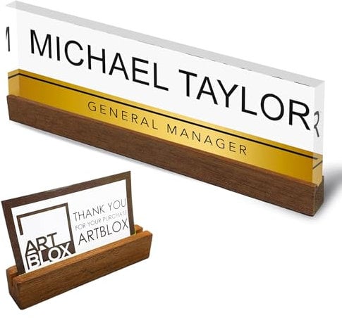 Artblox Office Desk Name Plate Personalized | Custom Door Name Plates for Desks | Gold Stripe Design On Clear Acrylic Glass | Office Desk Decor