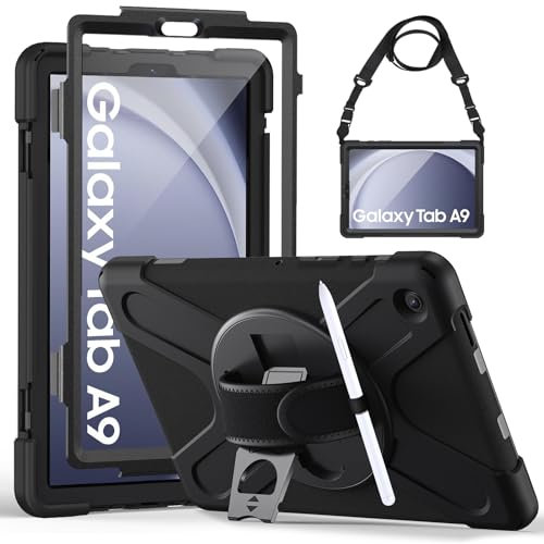 Gerutek Funda Anticaída para Samsung Galaxy Tab A9 8.7 2023 (SM-X110/X115/X117), con Protector Pantalla, Carcasa Rugosa con Soporte Giratorio, Correa de Mano/Hombro, Funda para Samsung Tab A9, Negro