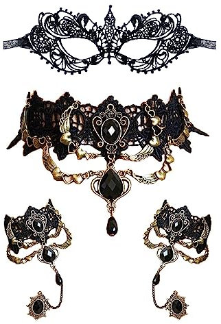 JewelryWe 4 PCS Maske Halskette Armbänder Set Schwarz Sexy Venezianische Spitze Augenmaske Gold Punk Choker Kette Halsband Armreifen Damen Maskerade Kostüm für Halloween Karneval Party Cosplay