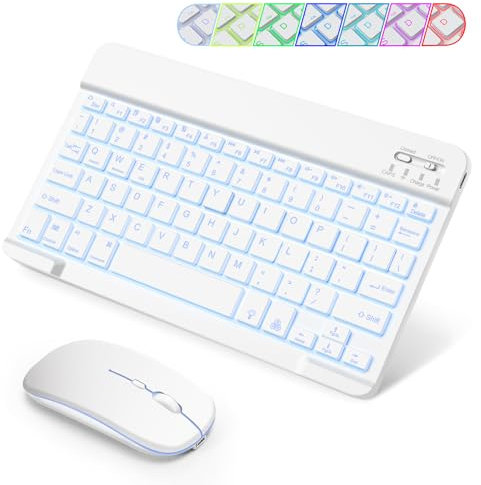 SOPPY Portable Bluetooth Keyboard and Mouse with Backlight, Rechargeable Mini Keyboard, Wireless Keyboards for iPad/Tablets/iOS/Android/Windows, UK Layout (White)