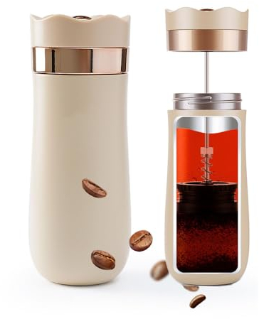 HAILASRE 2 IN 1 Portable French Press & Vacuum Bottle Travel Coffee Maker Double Wall Insulated Stainless Steel Tea Coffee Press 320ml/12oz Car Cafetiere Coffee Pot fit Camping Outdoor