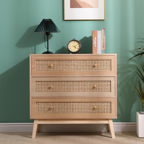 spot on dealz® Rattan Bedside Cabinet Chest of Drawers Small Bed Side Table for Bedroom 3 Drawer Modern Slim Side Storage Display Nightstand Cabinets Furniture MDF frame Pine wood legs Natural
