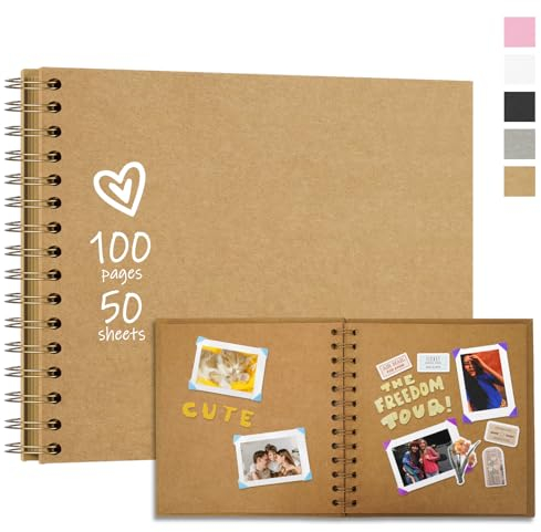 Vienrose 28,5 x 20,5 cm Fotoalbum zum Selbstgestalten und Einkleben mit 100 Seiten, Hardcover Kraftpapier Spiralalbum, DIY Sammelalbum für Hochzeit, Geburtstag, Khaki
