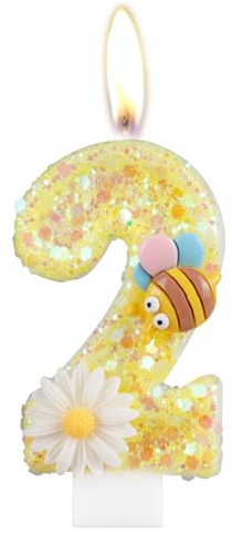 Geburtstagskerzen Zahlen 2, Geburtstagsdeko 2 Jahr Junge Mädchen, Gelb Kerzen Geburtstag, Honigbiene und Blume Tortendeko Geburtstag, Personalisierte Geburtstagskerzen Torte Deko KinderGeburtstags