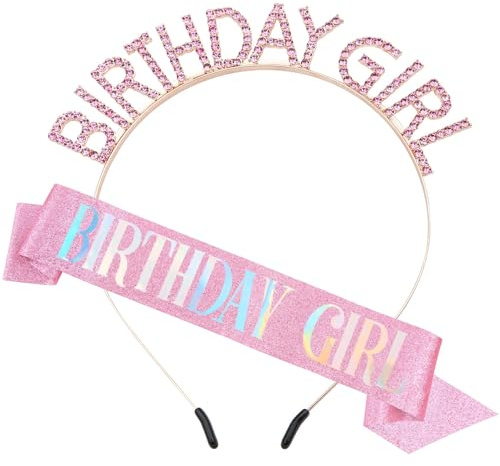 Geburtstagskrone Schärpe Rosa, Krone Geburtstag Mädchen, Happy Birthday Haarreif Krone Birthday Girl Schärpe und Krone Set, Geburtstags Tiara Strass mit Schärpe Geburtstag für Deko Geburtstag Frau