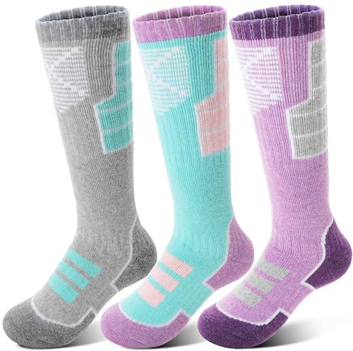 Anlisim Kids Merino Wool Ski Socks 3 Pairs Girls Boys Thermal Winter Warm Thick Breathable Socks for Skiing Snowboarding (Mixed,8-12 Years)