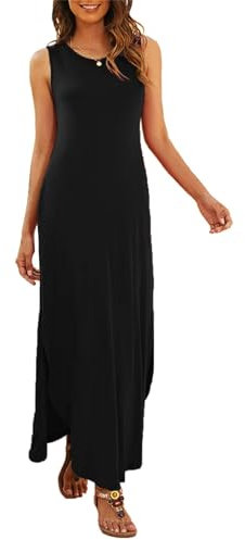 Hount Sommerkleid Damen Rundhals Freizeitkleider Elegant Maxikleid Langes Tank Kleid mit Taschen (M, Schwarz)