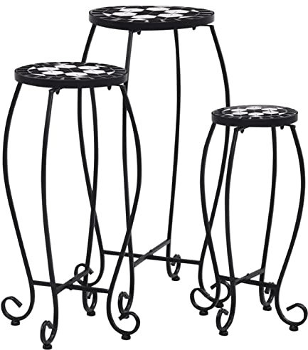 Rantry Mosaiktische 3 Stück, Keramik, schwarz und weiß, Blumenständer, dekoratives Regal für Blumen, Pflanzen, geeignet für Balkon, Terrasse, Patio, Garten