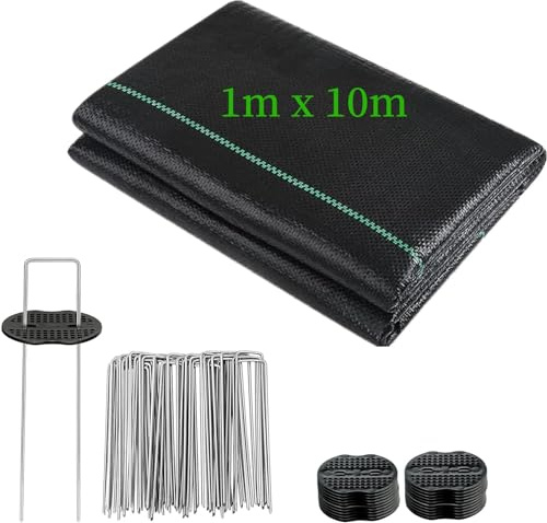 Headley Tools Unkrautvlies Gartenvlies 1m x 10m, Reißfestes Unkrautfolie mit 20 Stück Erdanker Zubehör für Terrassen, Gärten, Blumenbeete, Wege, Landschaftsbau, Einfahrten, Kies, Rasenflächen und mehr