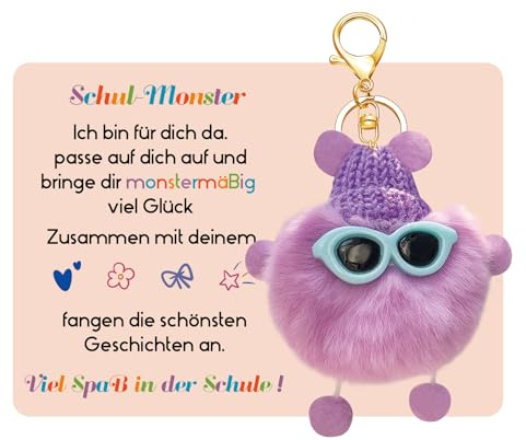 Geschenk Einschulung Schul Monster Plüsch, Einschulung Schlüsselanhänger, Glücksbringer Schule, Mutmacher Anhänger Mäppchen oder Ranzen (Lila)
