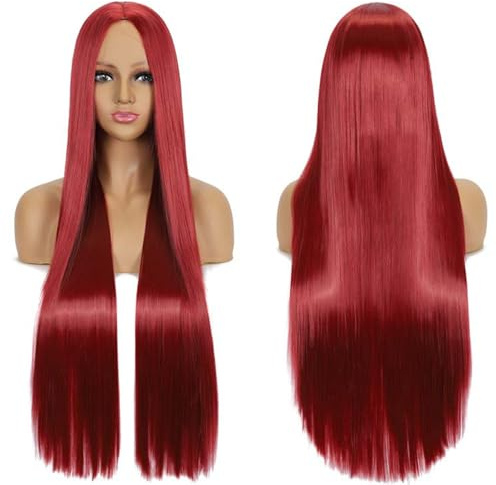 Fouriding 80cm Lange Gerade Haare Perücke Cosplay Perücke Mittelscheitel Pony für Damen Party Halloween Cosplay Kostüm Tägliche Perücke Cos Kopfbedeckung (Weinrot)