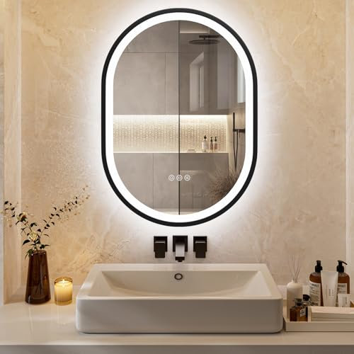 ChillCruiser Ovaler LED-Badezimmerspiegel mit Rahmen 500 x 700 mm beschlagfrei dimmbar Badezimmerspiegel mit LED-Beleuchtung wandmontierter Badezimmerspiegel 3 Farben Memory schwarzer Rahmen
