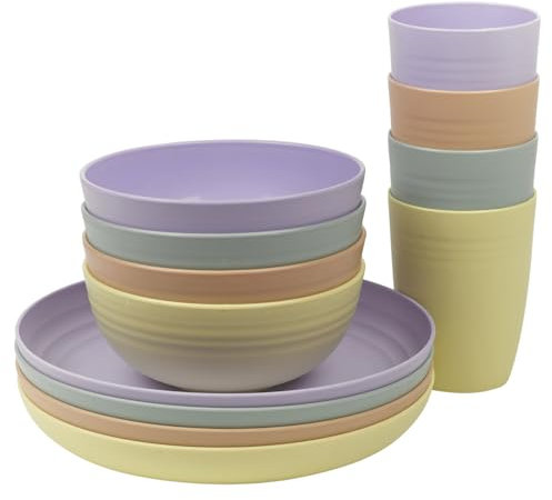 URBNLIVING 12Pc Reusable Plastic Dinnerware Set: 4 Colorful Plates, Bowls, & Cups - Ideal for Picnics & Parties, Indoor & Outdoor Gatherings, Vibrant Colors for Every Occasion, Unbreakable