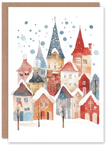 Artery8 Rustic Village Winter Snow Folk Art Blank For Him Or Her Art Xmas Festive Christmas Card