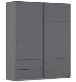 Rauch Möbel Stoke, Schwebetürenschrank, Garderobe, 2-türig, 2 Schubladen, mit Zubehörpaket Classic, 4 Einlegeböden, Farbe Grau metallic, Schwarz, Griffleisten Grau metallic, 175x210x59cm