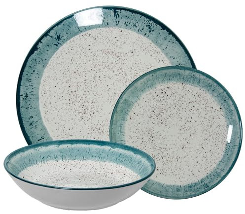Vajilla de 18 piezas de porcelana con decoracion moteado y borde azul estilo gres 26x6x26 cm