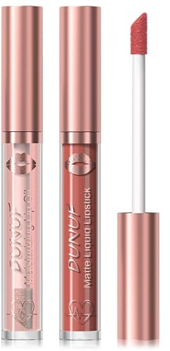 Jutqut 2 in 1 Lipgloss and Lip Oil Set, Moisturising Makeup Lipstick, Long Lasting & Waterproof Lip Gloss, Matte Natural Lip Tint, Glossy Nourishing Plumper Finish Transparent Lippenöl #04