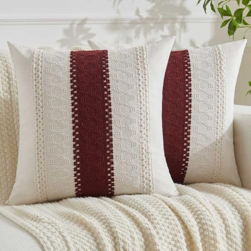 Jayusaror Kissenbezug 50x50 Burgunderrot Weinrot Boho Makramee Baumwolle Leinen Kissenbezüge Sofakissen Landhausstil Kissenhüllen Dekokissen Kissen Modern Zierkissenbezug für Sofa Wohnzimmer 2er Set
