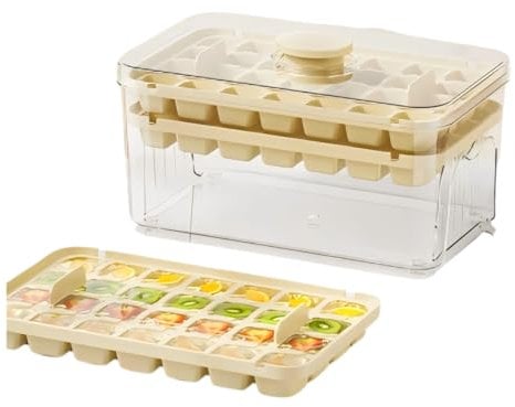 Ice Tray、Ice Cube Tray, Square Ice with Airtight Lid (56 Pieces),Transparent Ice/Fruit Ice Dual Use, Easy Removal (Cream Yellow)
