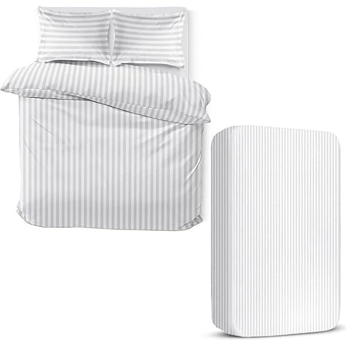 MOONLIGHT20015 4 Piece King Bedding Set Satin Stripes Duvet Cover Fitted Sheet with Pillow cases Hotel Quality Soft Brushed Microfiber White