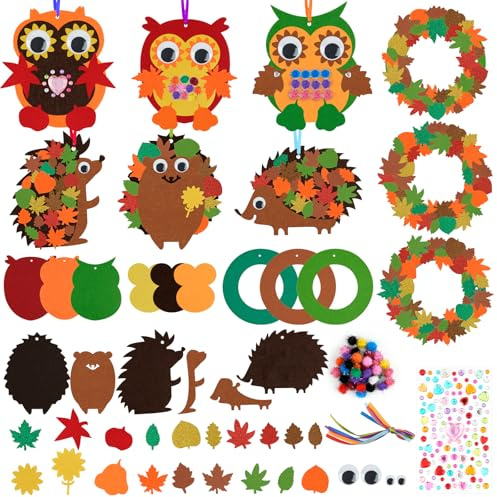 Filz Bastelset für Herbst Deko, 9 Set Herbst Bastelset Filz für Kinder | DIY Herbstkranz mit Igel Owl Herbstblätter, Kreativsets Herbst Basteln Geeignet für Herbstdeko Fenster, Kindertagsgeschenke