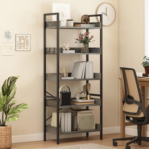 DWVO Hohes, breites Bücherregal mit 5 Ebenen, industrielles, bodenstehendes, Holzregale und stabile Regaleinheiten mit Stahlrahmen für Wohnzimmer, Home Office, Grau