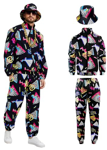 rumnigh 80er 90er Jahre Herren Retro Hip Hop Trainingsanzug | 80s Fancy Jogginganzug Sportanzug Bestehend aus Jacke, Hose und Mütze Passend Halloween Karneval