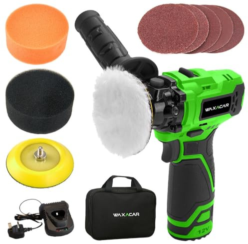 Waxacar Cordless Mini Car Polisher Kit with 2 Speed Settings, 12V Battery Powered Buffer Polishing Detailing Set, Includes Flat Foam, Sandpaper & Faux Fur Pads, Detachable Handle & Carry Bag