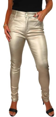 icecoolfashion Women's High Waist Stretch Leather Look Jeans Ladies Skinny Coated Jean Trousers with Pockets Gold 10-22 (20)